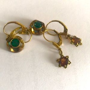K and L Vintage gold tone earrings-one green stone the other topaz colour